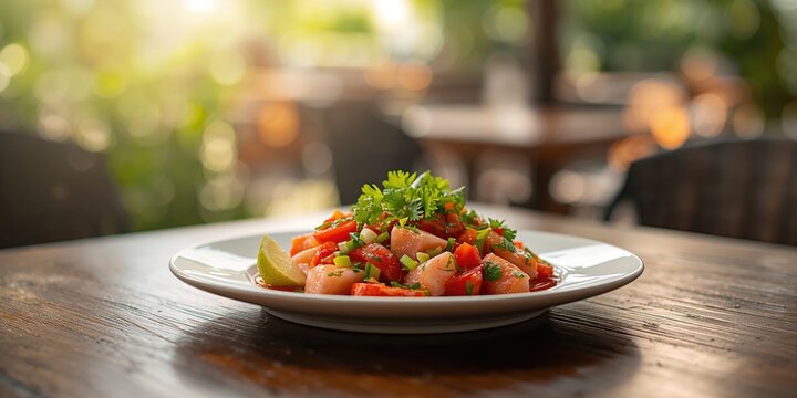 Colorful ceviche dish fresh ingredients, suitable as a vibrant food presentation for menu design