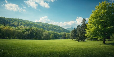 Naklejka premium Colorful natural scene showing mixed forest and expansive grassy valley, ideal for environmental or landscape layouts