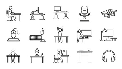 Collection of office furniture and ergonomic workstation icons promoting healthy working from home
