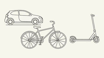 Line Art Transportation Options Illustrating Commuting Styles and Urban Mobility