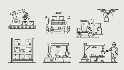 Automation technologies vector line icons showing logistic and delivery processes for industry