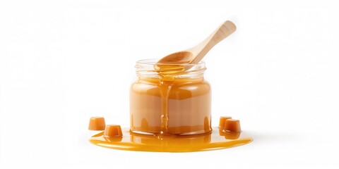 Creme caramel pudding served in a jar on a white background, food presentation for dessert menu