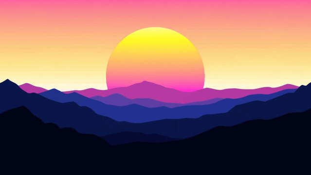 Retro sunset vista: a serene landscape of layered mountain ranges basking in warm pastel hues
