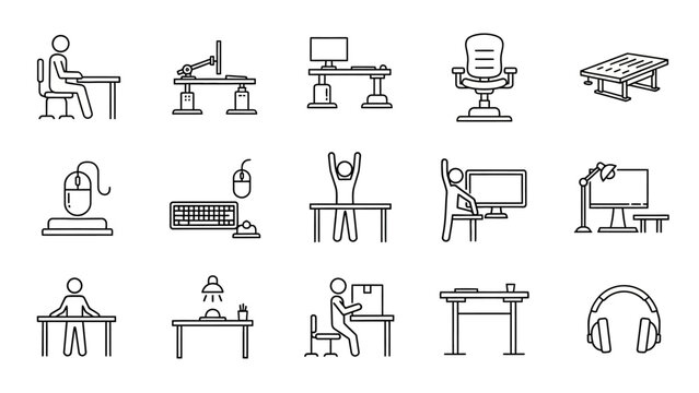 Collection of office furniture and ergonomic workstation icons promoting healthy working from home