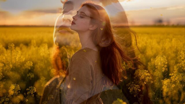 Woman with red hair stands in a field of yellow flowers at sunset, eyes closed and face turned toward the warm light. Soft golden backlight and shallow depth create a calm mood, with open sky area ava
