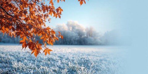 Naklejka premium Autumn leaves on a frozen ground, highlighting seasonal change and natural erosion risk, Earth Day