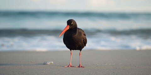 Black Oystercatcher at the shoreline with thick red bill and yellow eye, highlighting shorebird feeding behavior