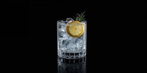 Close up of a gin tonic glass on a black background, highlighting beverage presentation and glass cleanliness, World Water Day