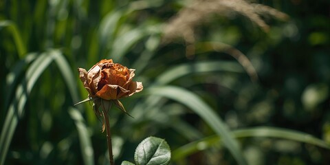 Fototapeta premium A dried rose in a summer garden, natural flower decay, outdoor plant scene