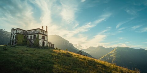 Naklejka premium Derelict hotel ruins against the mountainous backdrop of San Miguel island, summer nature, landscape photography, urban decay