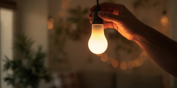 Person swapping traditional light bulb for LED to improve energy efficiency, focusing on household lighting upgrades