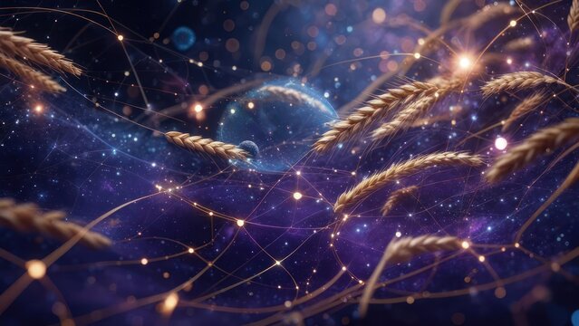 Golden wheat stalks float in a vibrant, cosmic space, connected by luminous lines - Powered by Adobe