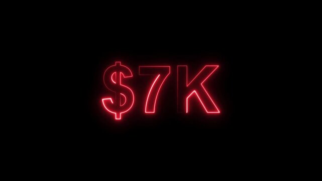 Neon line bright 7k followers isolated red color animation on black background. Vibrant neon shiny 7k text red color animation digits for high-resolution. 