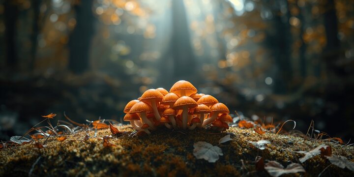 Fungi growing among fallen leaves in a woodland setting, natural decomposition
