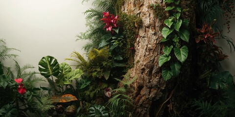 Tropical climbing philodendron among rainforest plants like bromeliads and ferns, used as botanical reference material