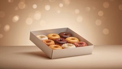 Assorted donuts in a box showcasing various toppings and flavors, focusing on visual attractiveness and taste appeal, food styling, World Food Day