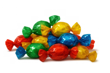 Colorful individually wrapped candies piled up against a transparent background, offering sweet treats and sugar snacks