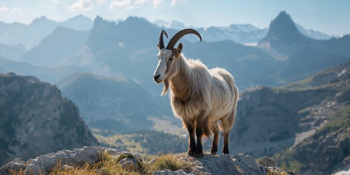Mountain goat standing on rocky terrain, natural habitat and rugged landscape, Earth Day - Powered by Adobe