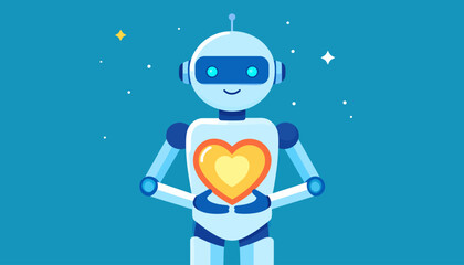 Naklejka premium A friendly robot holding a glowing heart, symbolizing love, care, and artificial intelligence, set against a starry blue background.