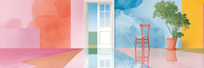 Colorful modern interior with open door and red chair