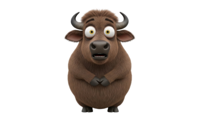 Cute 3D Rendered Cartoon Yak Character with Worried and Surprised Expression isolated PNG with Transparent Background