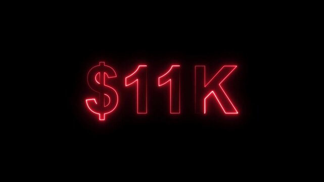 Neon line bright 11k followers isolated red color animation on black background. Vibrant neon shiny 11k text red color animation digits for high-resolution. 