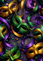 A vibrant assortment of decorative masks lies scattered, each adorned with intricate designs and bright ribbons, capturing the festive spirit of carnival season.