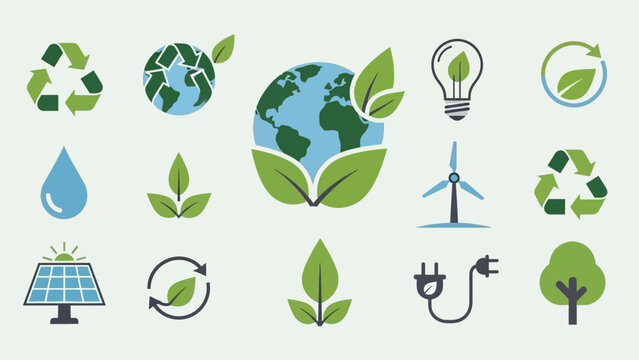 Sustainable energy resources and environmental conservation vector icon collection