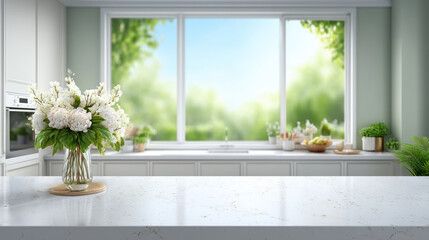 Fresh white peony bouquet marble island bright modern kitchen with stable financial calm vibe