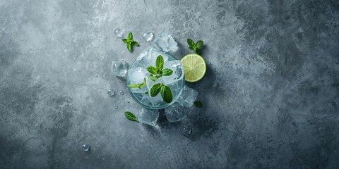 Ice and mint arranged on a concrete slab, intended as a UI backdrop emphasizing cooling or refreshing themes, Earth Day