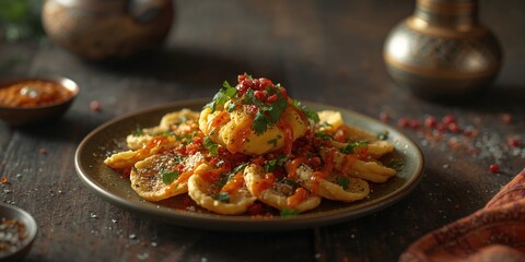 Traditional Indian snack of chat papri with dahi bara topping, served as street food