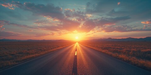 Mountain road with asphalt surface leading into rugged terrain at sunset, ideal for UI backdrop or editorial header