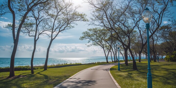 Relaxing seaside park featuring slim trees and blue streetlights provides a peaceful view of the vast calm sea, suitable for outdoor recreation