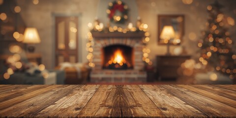 Fototapeta premium Desk with free space and blurred interior featuring a fireplace, ideal for layout design and editorial backgrounds