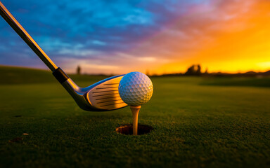 Golf ball and club on a tee at sunset on a golf course