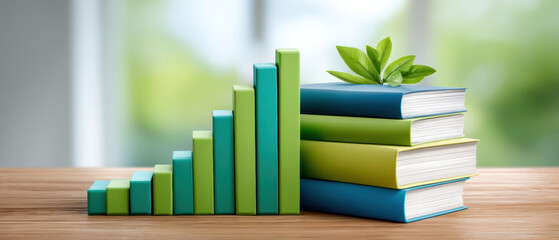 Green growth bar chart with stacked books and leaf symbolizing stable financial education