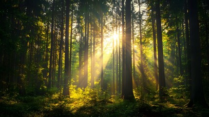 Obraz premium Sun shines through tall trees in a lush green forest, suitable for nature blogs, environmentalthemed designs, or calming backgrounds.