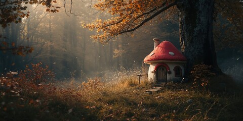 Obraz premium Whimsical mushroom house nestled among trees, highlighting natural woodland architecture, World Environment Day
