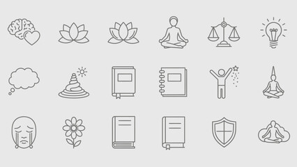 Collection of outline vector icons representing mental wellbeing and personal growth
