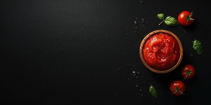 Fresh natural tomato paste on black background, processing safety for food products - Powered by Adobe