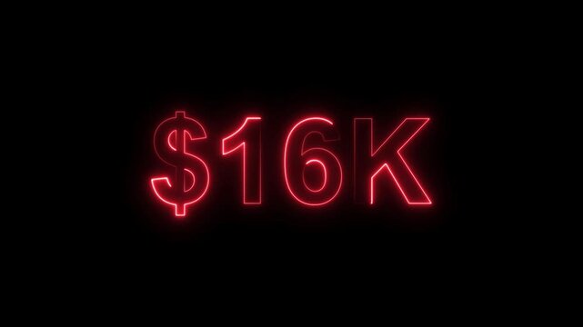 Neon line bright 16k followers isolated red color animation on black background. Vibrant neon shiny 16k text red color animation digits for high-resolution. 