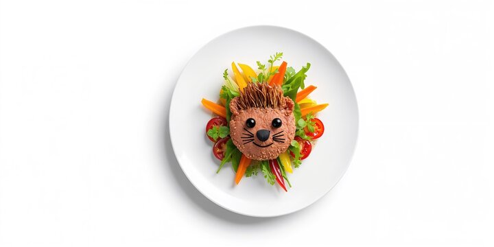 Meal with a face constructed from meat and vegetables on a white plate, highlighting healthy eating, restaurant environment, salad, and meat, World Nutrition Day