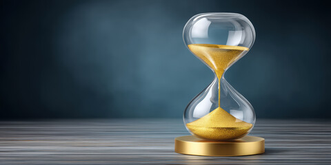 Stable financial hourglass with golden sand on wooden surface conveying time and value