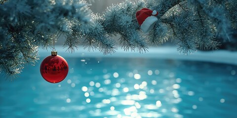 Naklejka premium Holiday adornment on pine tree branch adjacent to swimming pool, seasonal decoration setting