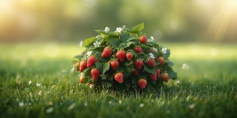 Red strawberries ripening on a plant, highlighting fruit collection practices