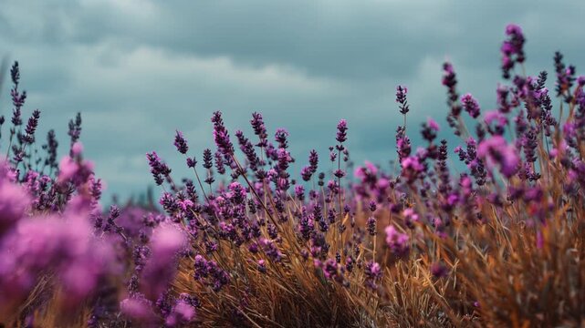 A sprawling field of vibrant purple lavender blossoms dances in the gentle breeze, creating a breathtaking tableau under a dramatic. ..Created with Generative AI, not depicting real subjects.