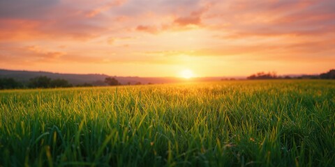 Naklejka premium Summer landscape with lush grass and a vibrant sunset sky, ideal for editorial or graphic backgrounds