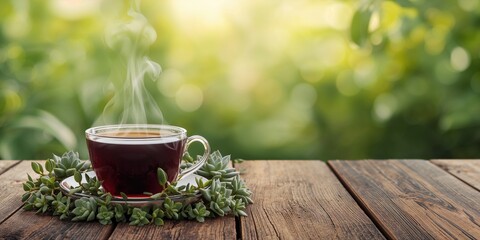 Black tea in a cup with succulents and tea bags, suitable for a calming background, World Tea Day