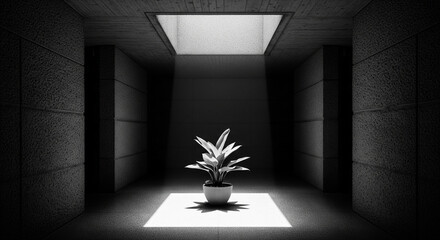  A dramatic, brutalist-style indoor hallway. The walls and floor are entirely rough, textured grey concrete. A single, dramatic skylight illuminates a lone, sculptural potted plant.