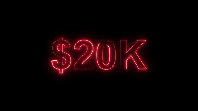 Neon line bright 20k followers isolated red color animation on black background. Vibrant neon shiny 20k text red color animation digits for high-resolution. 